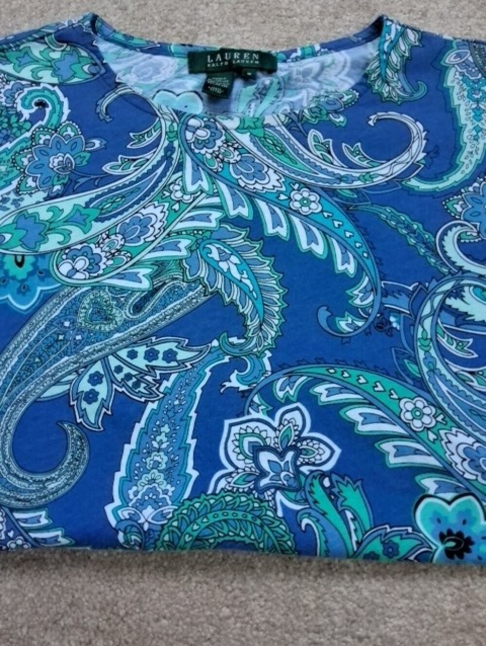 Lauren Ralph Lauren Blue and Teal Paisley Short Sleeve Top